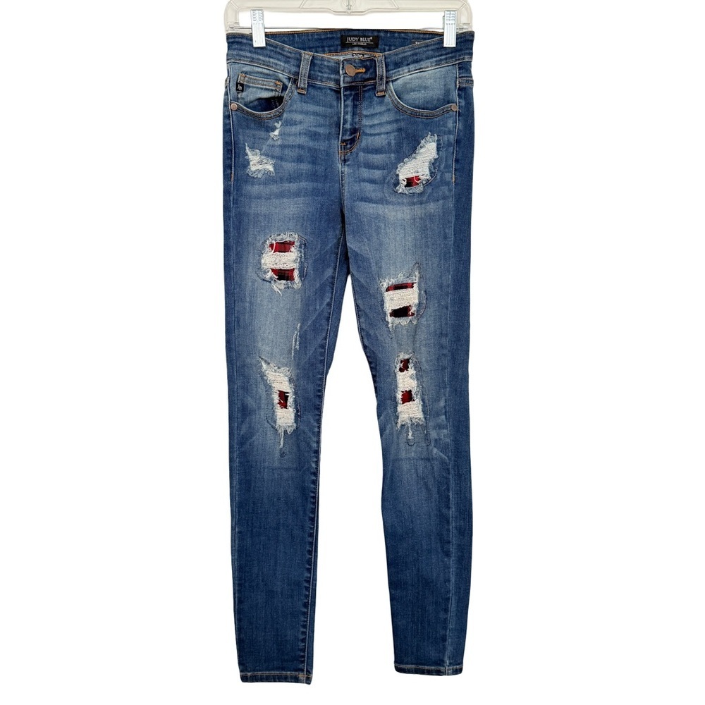 Judy Blue Skinny Plaid Buffalo Distressed Blue Jeans